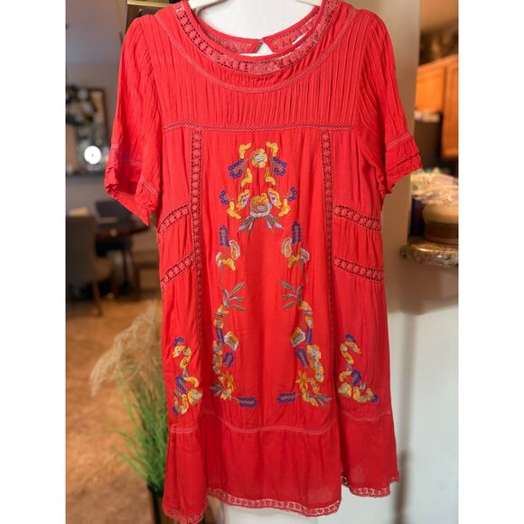 Brass & Roe Orange Short Sleeve Boho Floral Embroidered Crochet Trim Dress M - Picture 1 of 4